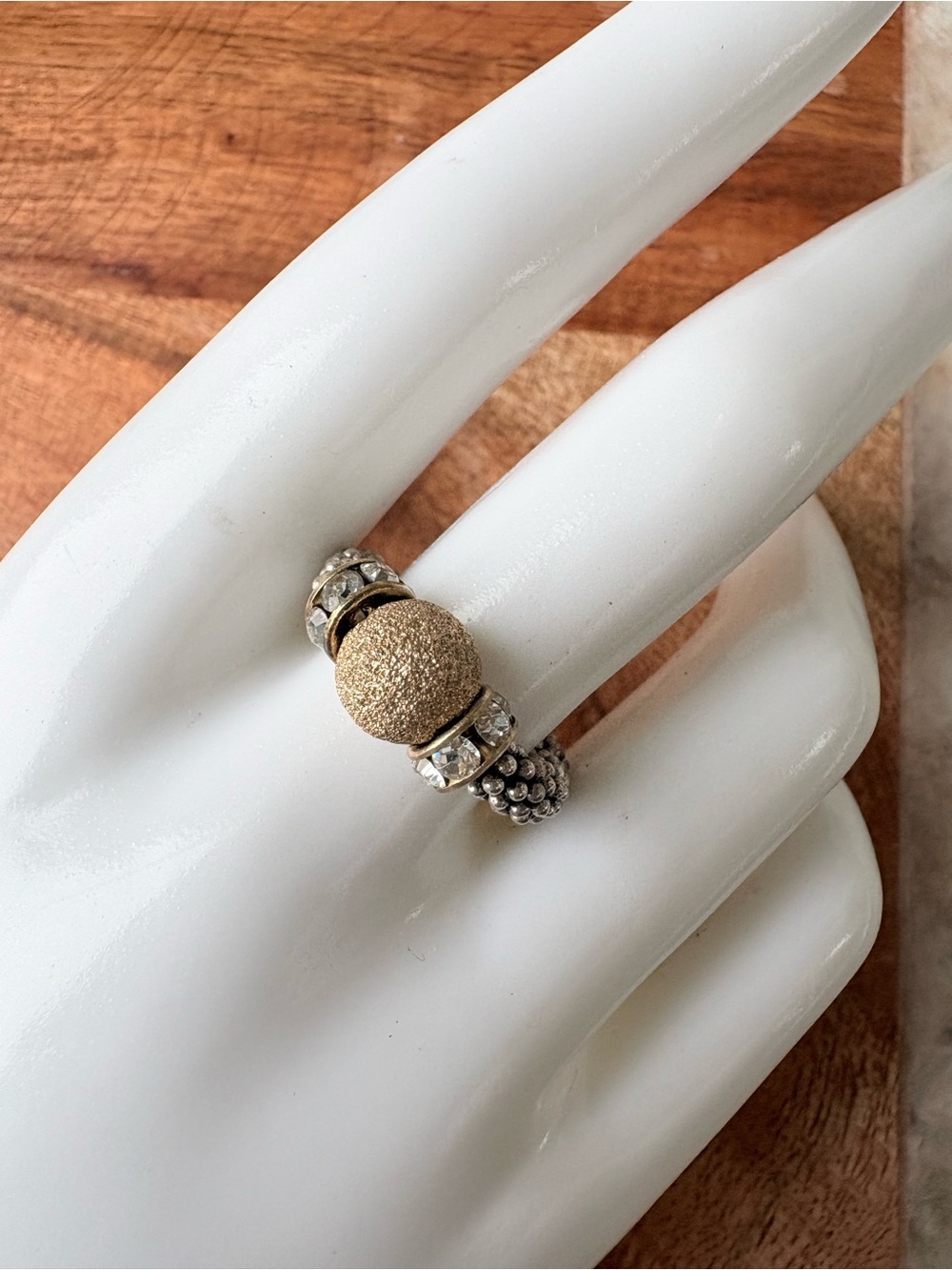 Gold Bead and Crystal Accent Women's Fashion Ring - Size 6.5 with Stretch Band
